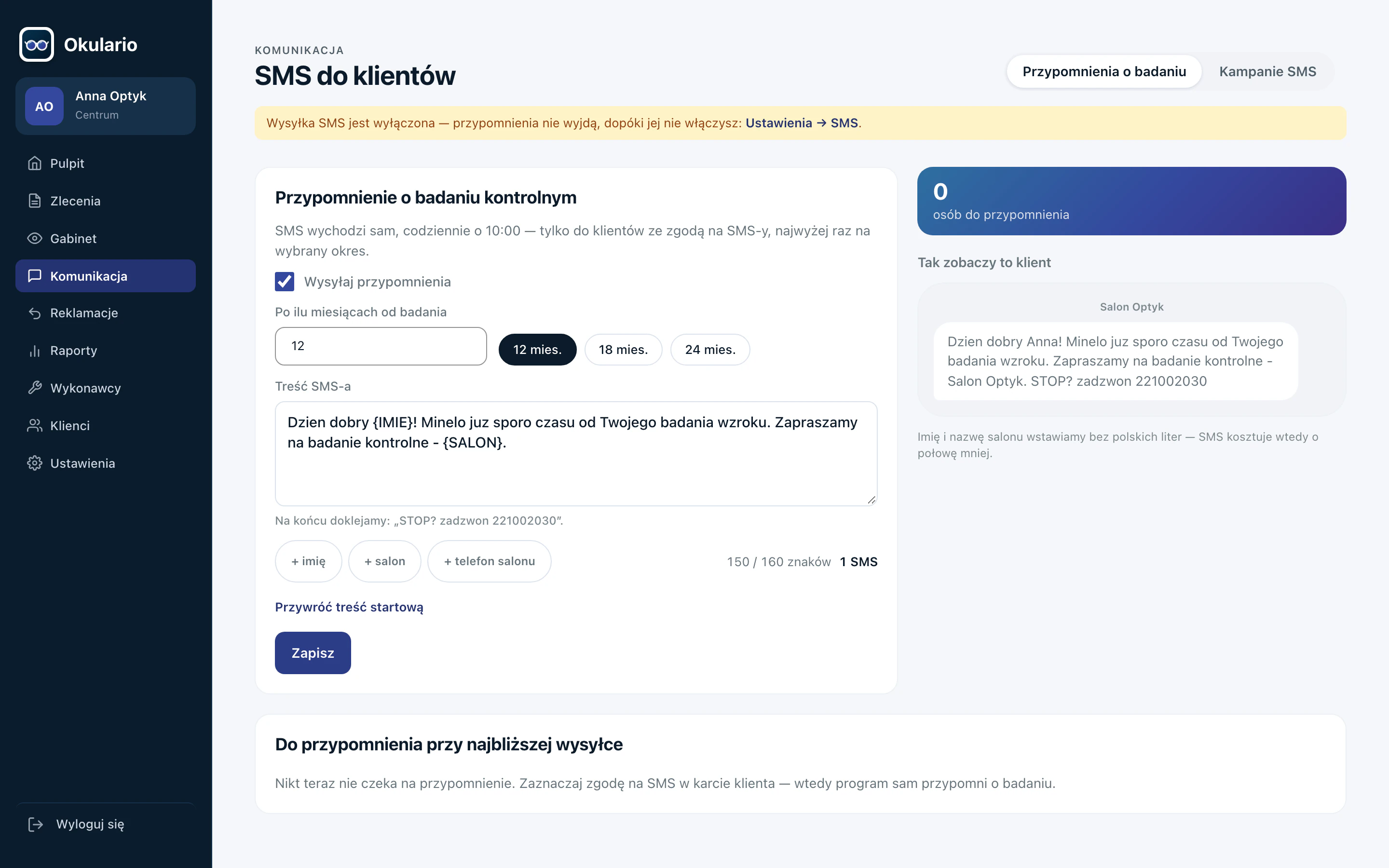 Ustawienia przypomnienia SMS o badaniu kontrolnym z podglądem wiadomości.