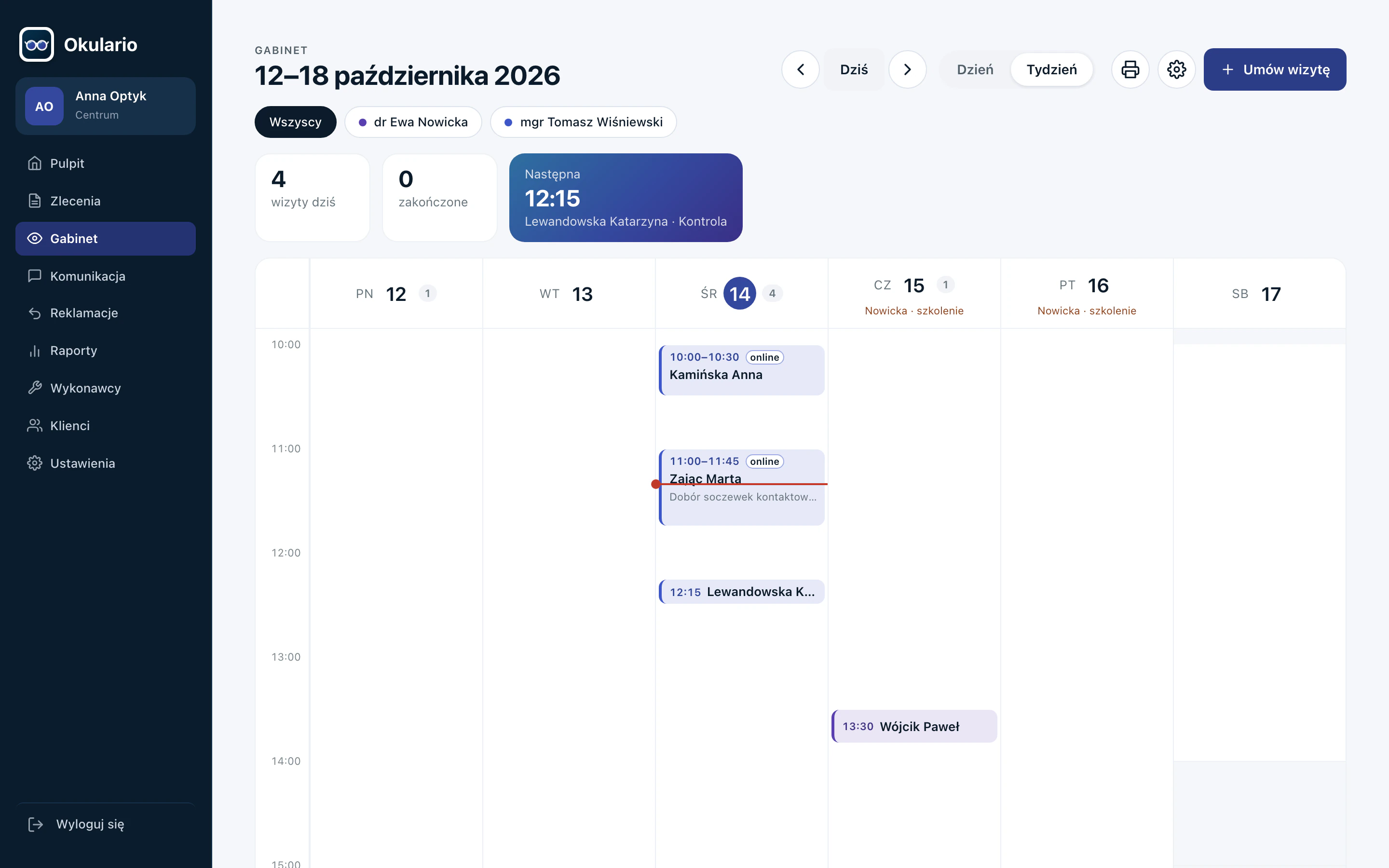 Planer gabinetu w Okulario: tydzień z wizytami dwóch specjalistów, wizyty umówione online oznaczone etykietą.