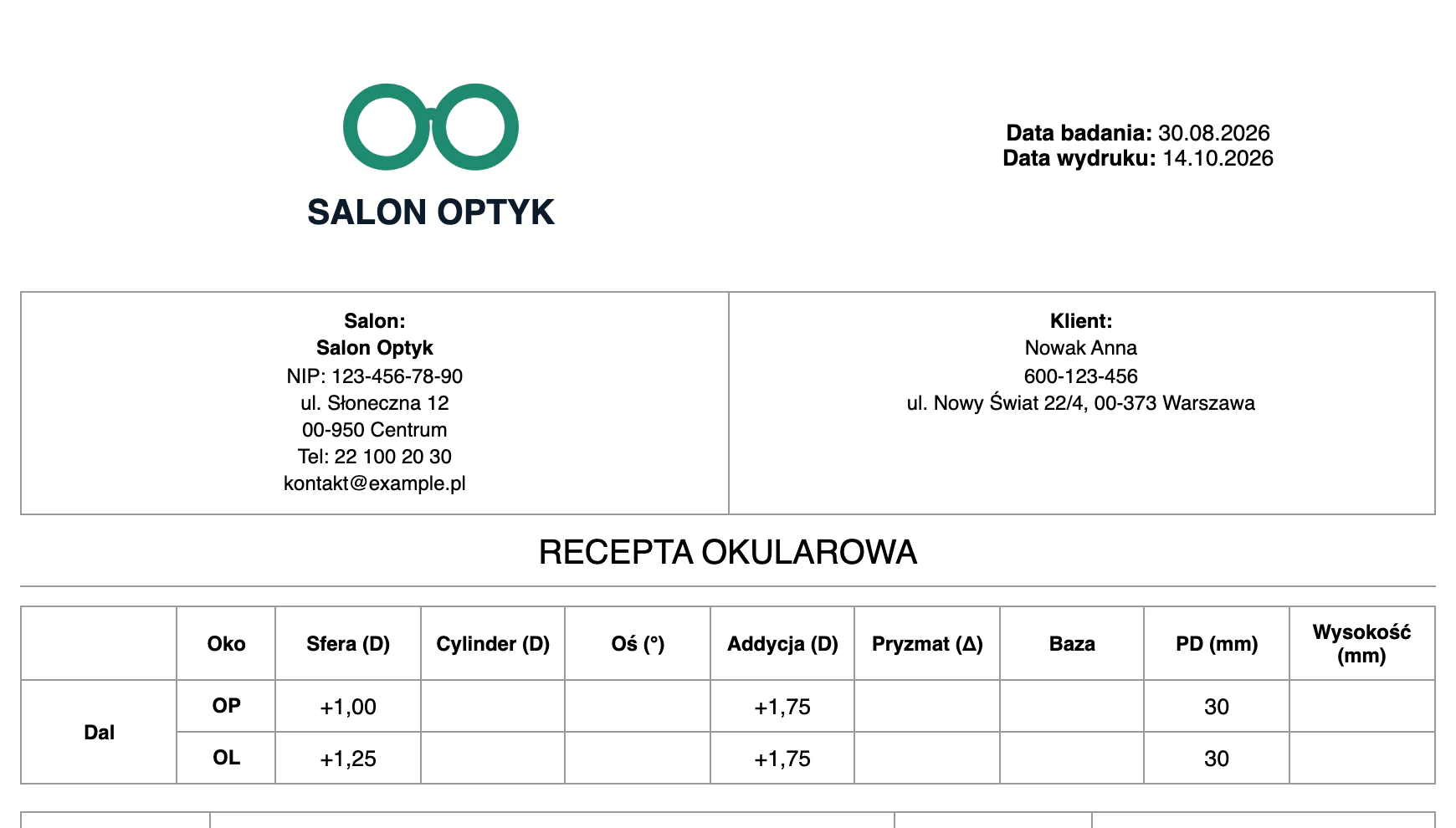 Wydruk recepty okularowej z Okulario dla zlecenia WC/2026/10/2: OP +1,00, OL +1,25, addycja +1,75, PD 30.
